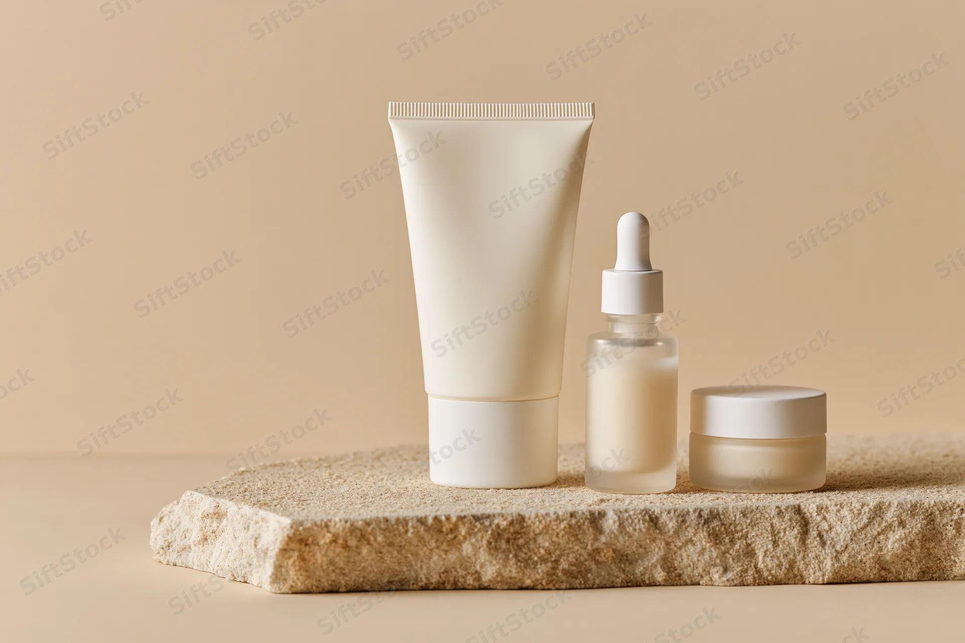 Three unlabeled skincare products arranged on a stone slab against a beige background
