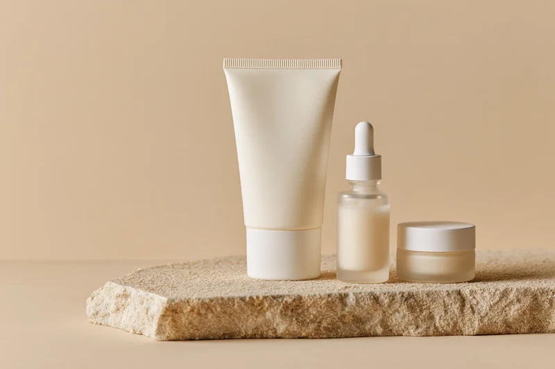 Three unlabeled skincare products arranged on a stone slab against a beige background