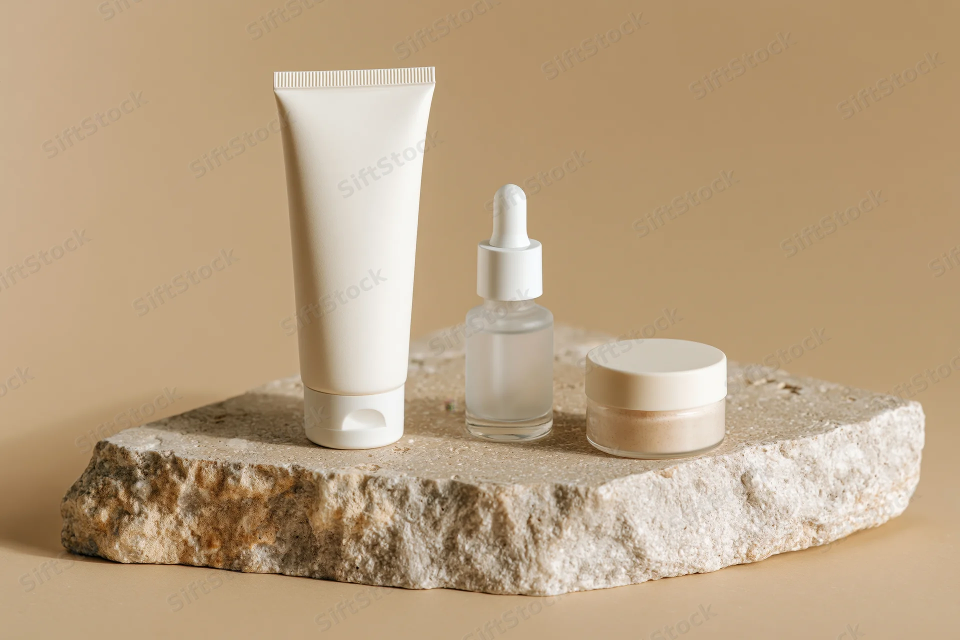 Three unlabeled skincare products arranged on a stone slab against a beige background