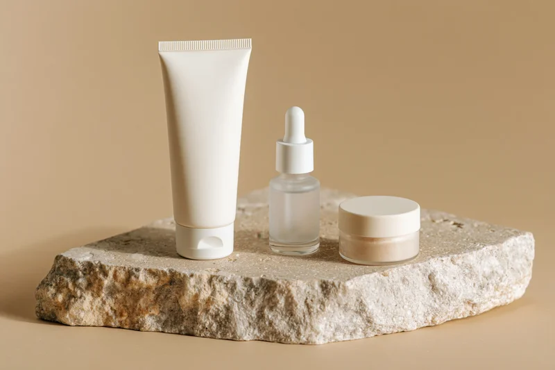 Three unlabeled skincare products arranged on a stone slab against a beige background