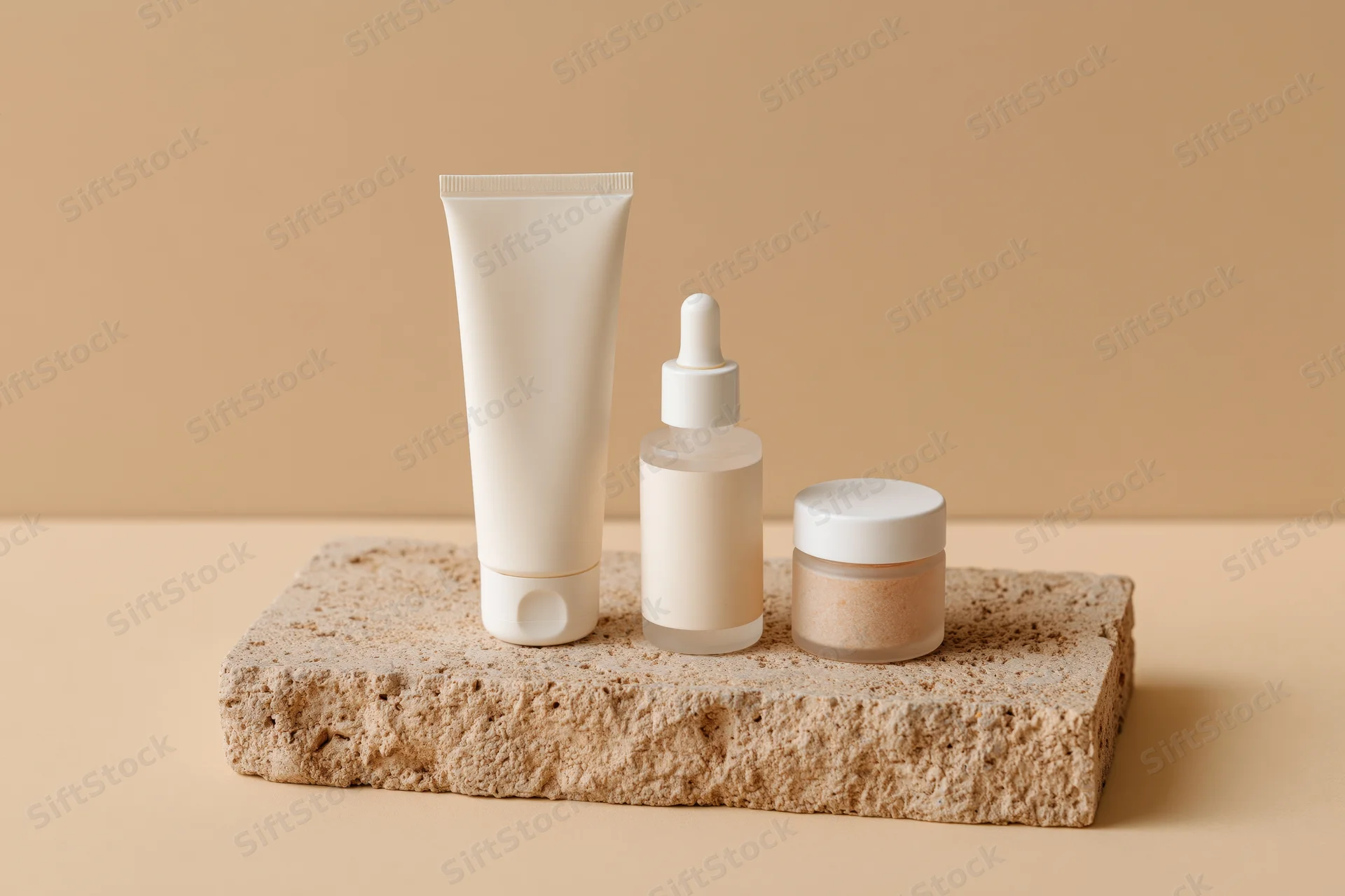 Three unlabeled skincare products arranged on a beige stone base against a neutral background