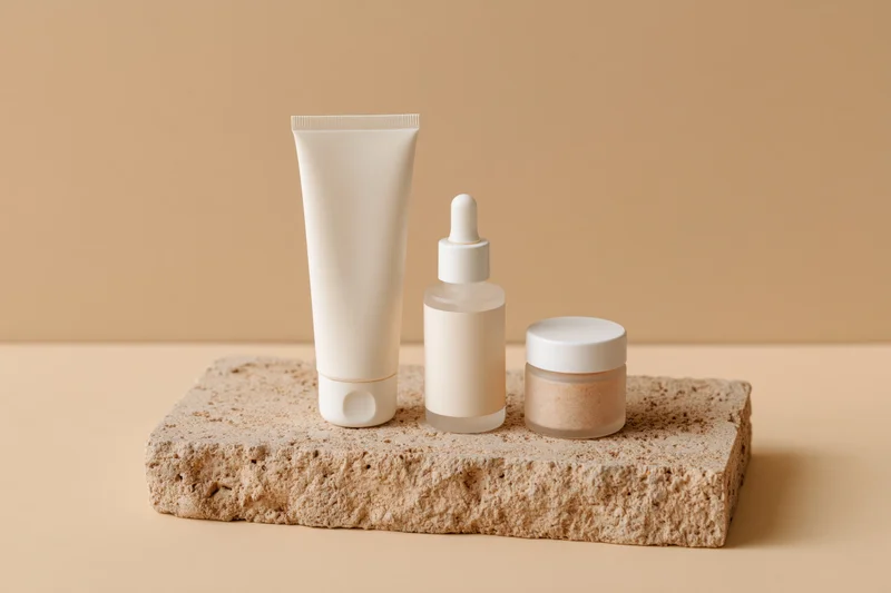 Three unlabeled skincare products arranged on a beige stone base against a neutral background