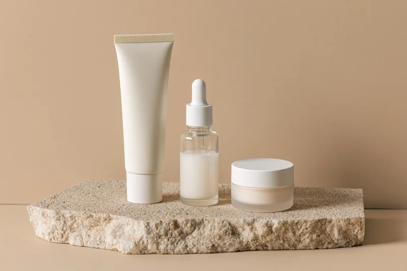 Three unlabeled skincare products arranged on a stone slab against a beige background