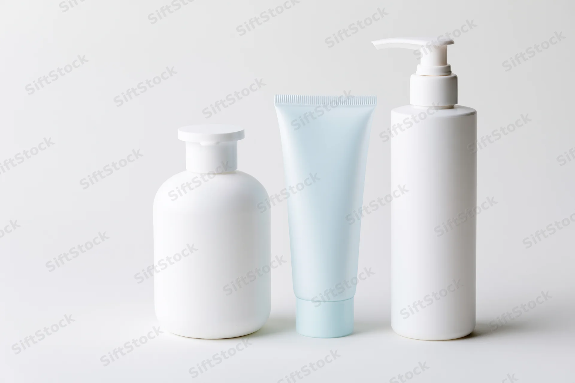 Three unlabeled white skincare containers arranged in a row on a plain white surface