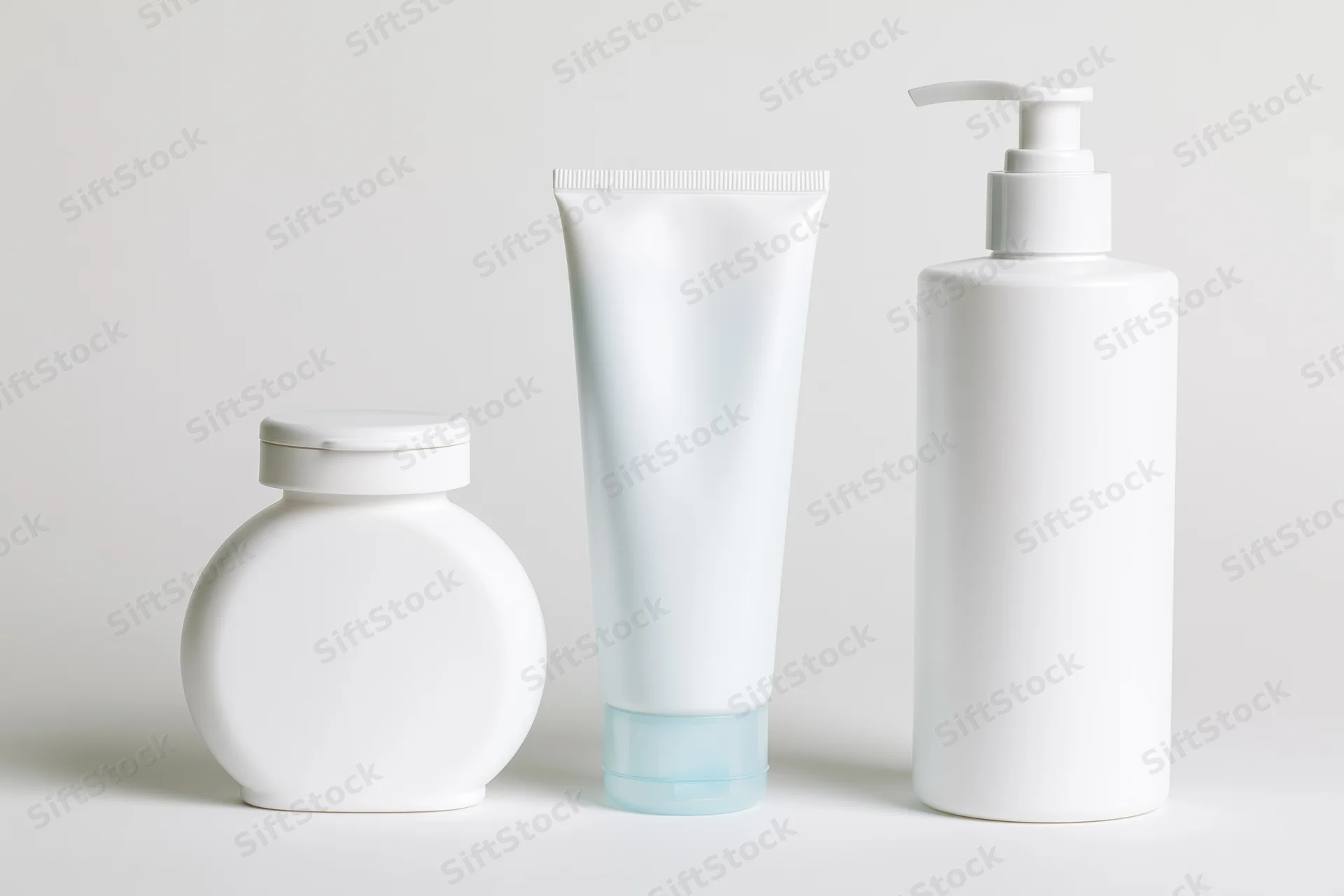 Three white unlabeled skincare containers arranged in a row on a plain surface