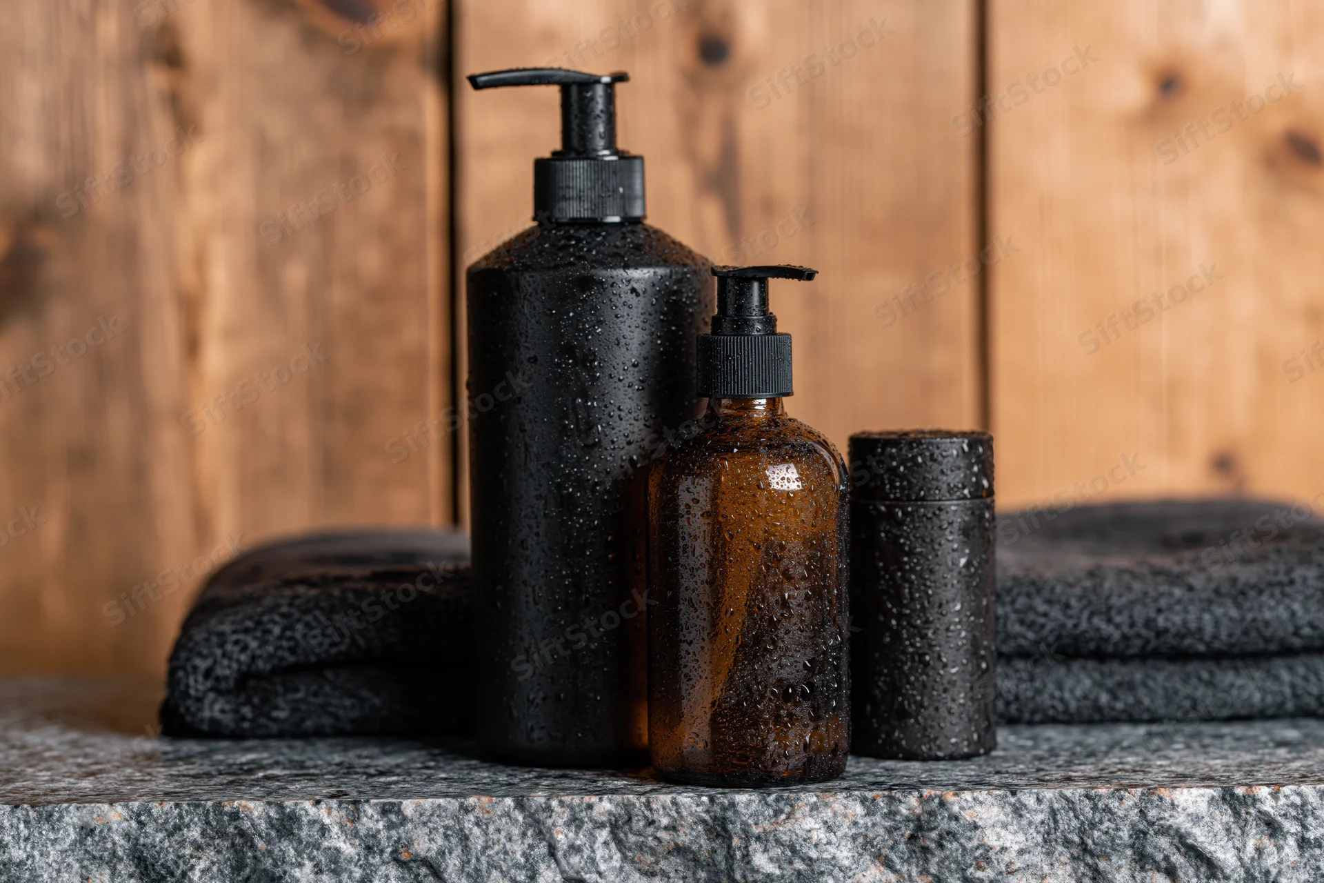 Three wet grooming bottles arranged on a grey stone surface with folded towels and wooden backdrop