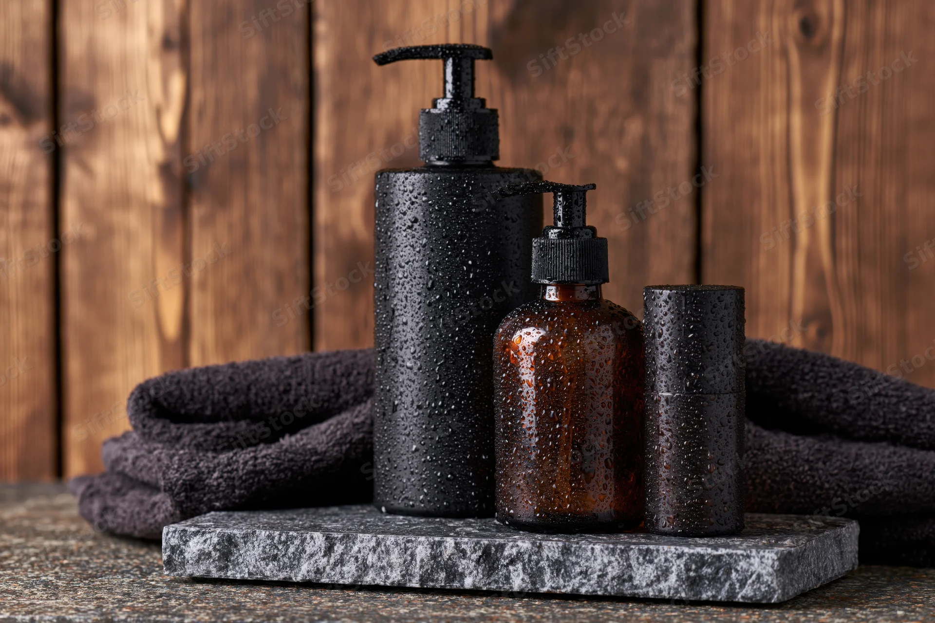 Wet grooming bottles arranged on a stone surface with a dark towel behind