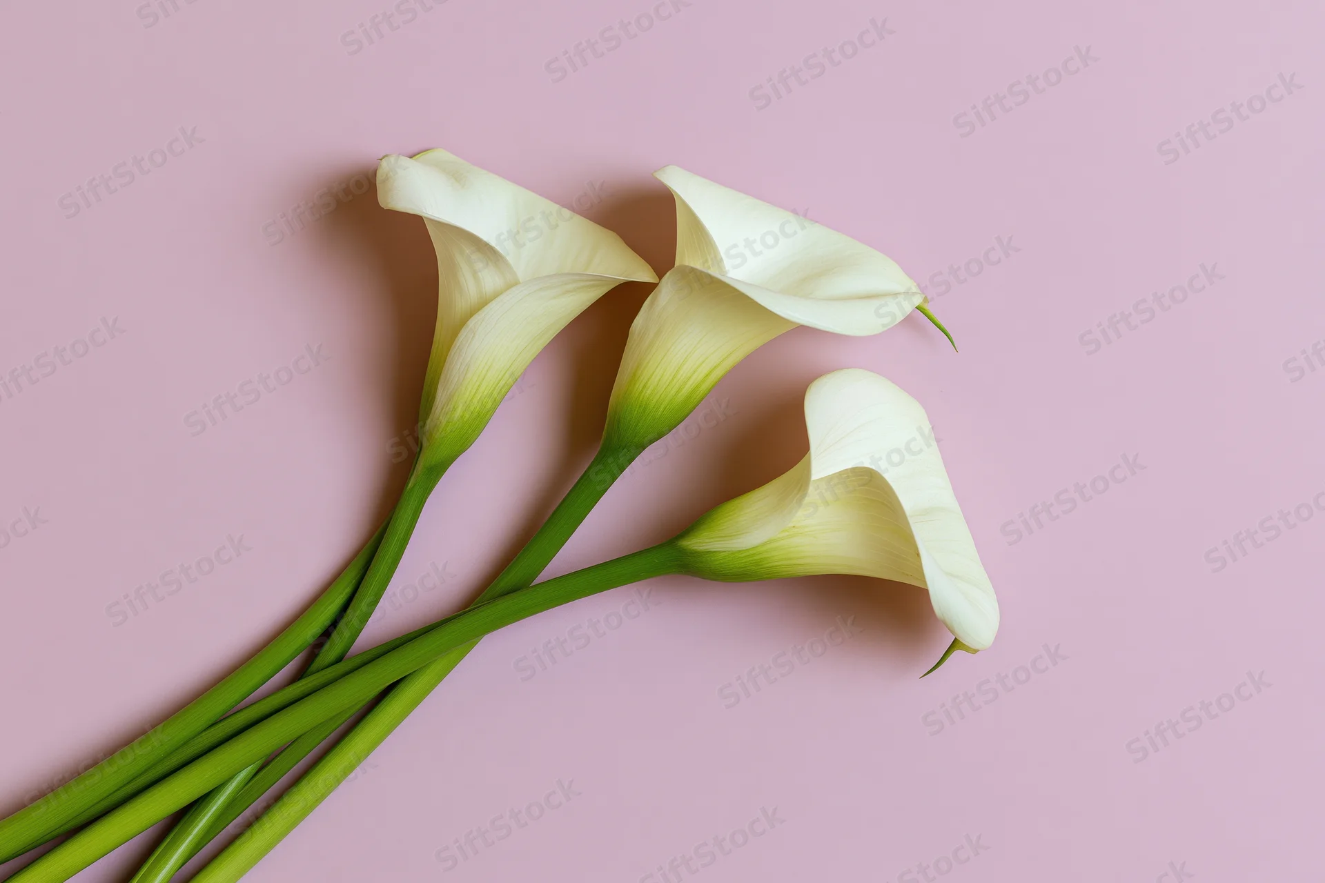Three white calla lilies with green stems arranged loosely on a pink background