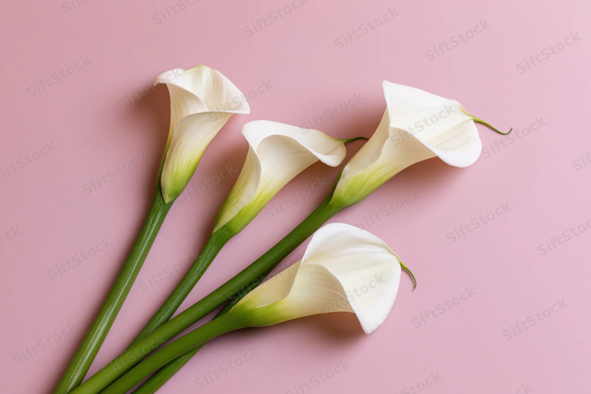 Four white calla lilies with green stems arranged loosely on a pink background