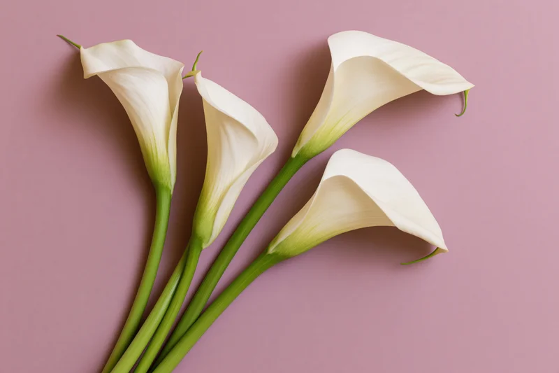 Four white calla lilies with green stems arranged in a loose cluster on a pink background