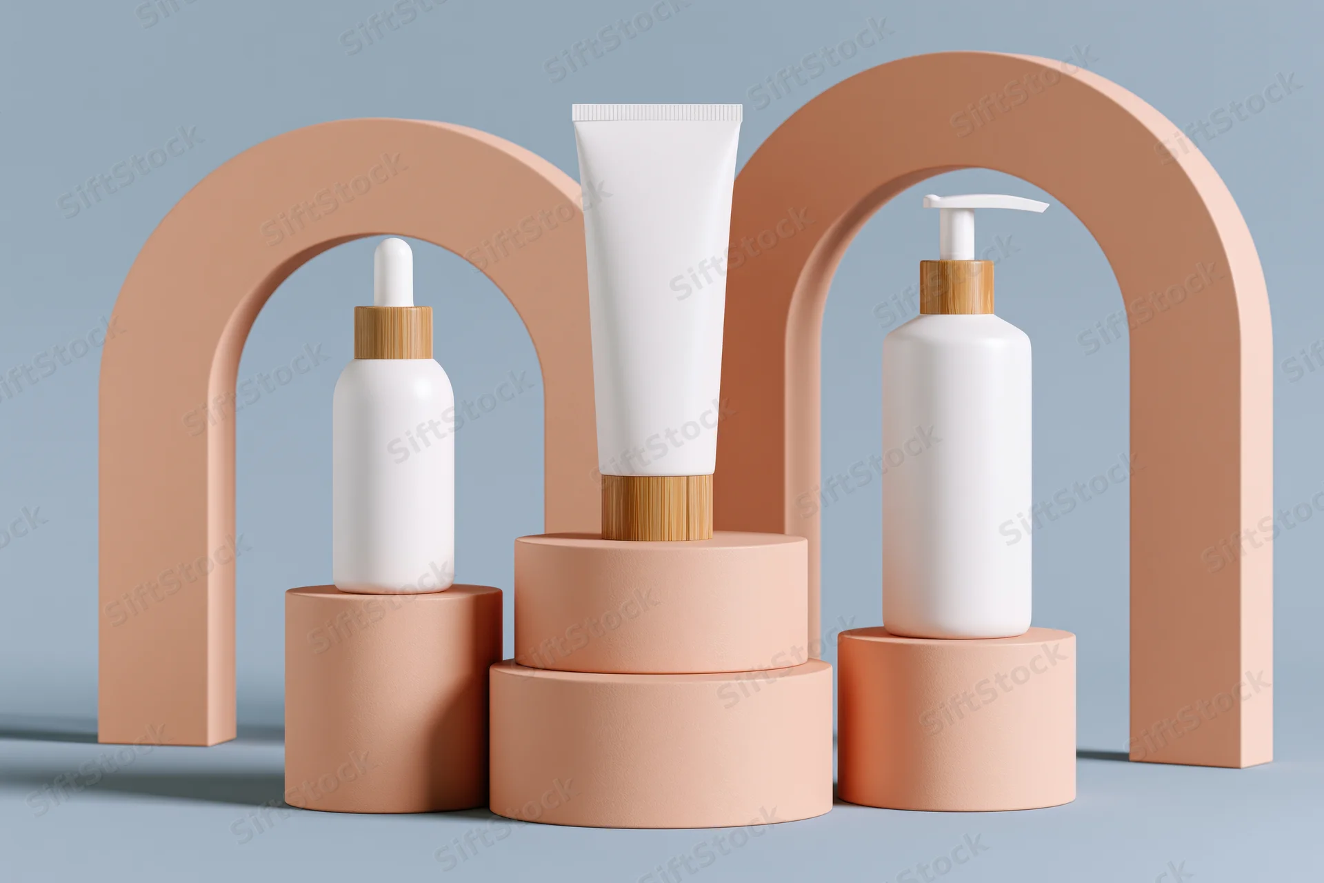 Three white minimalist skincare containers on beige podiums with arched backdrops in a studio setting