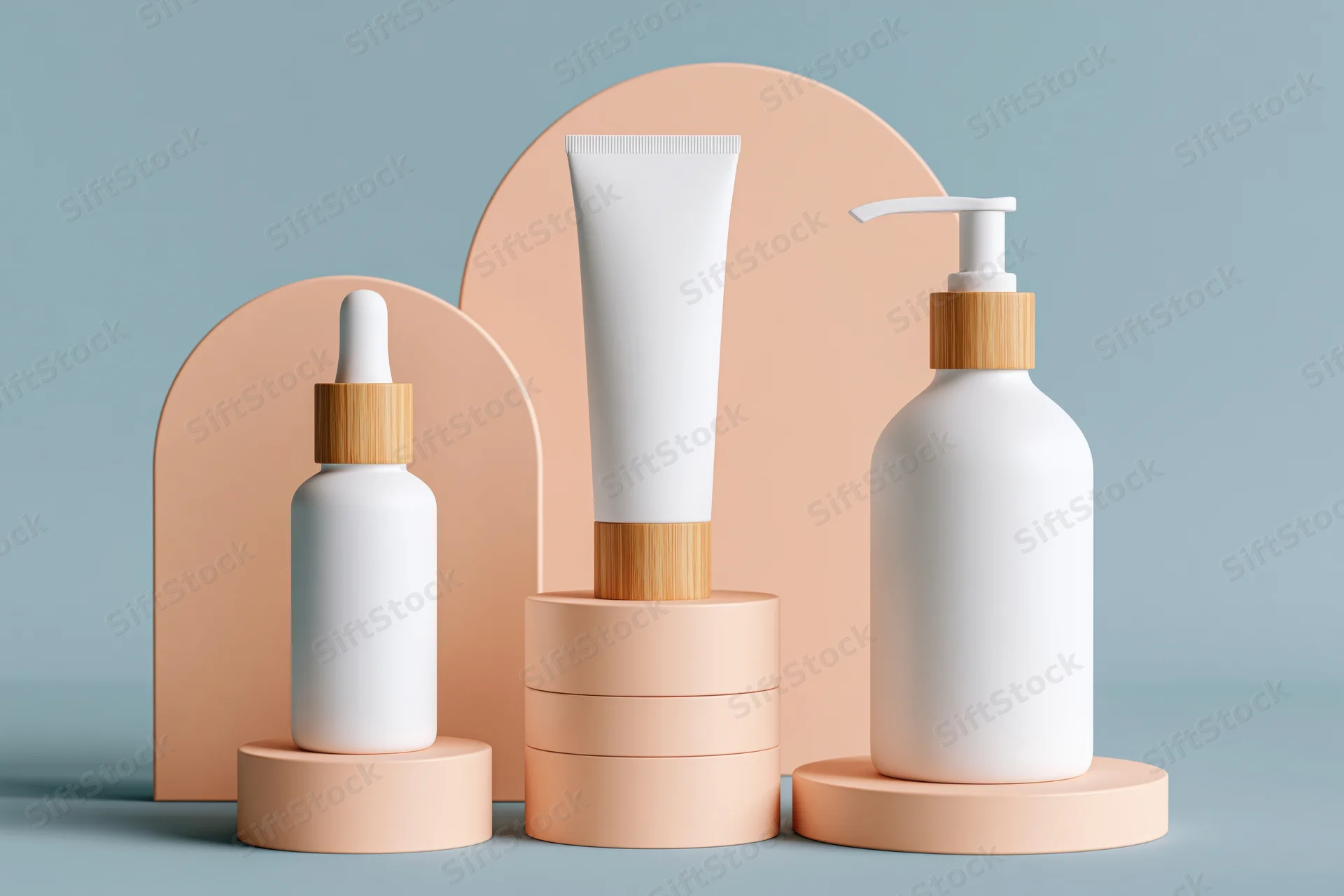Three white minimalist skincare containers on peach stands against a light blue background