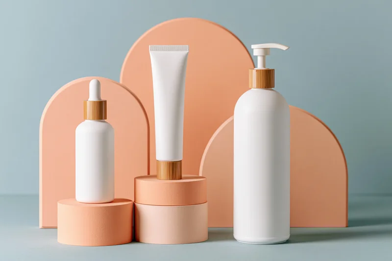 Three white minimalist skincare containers arranged on peach stands against a blue background