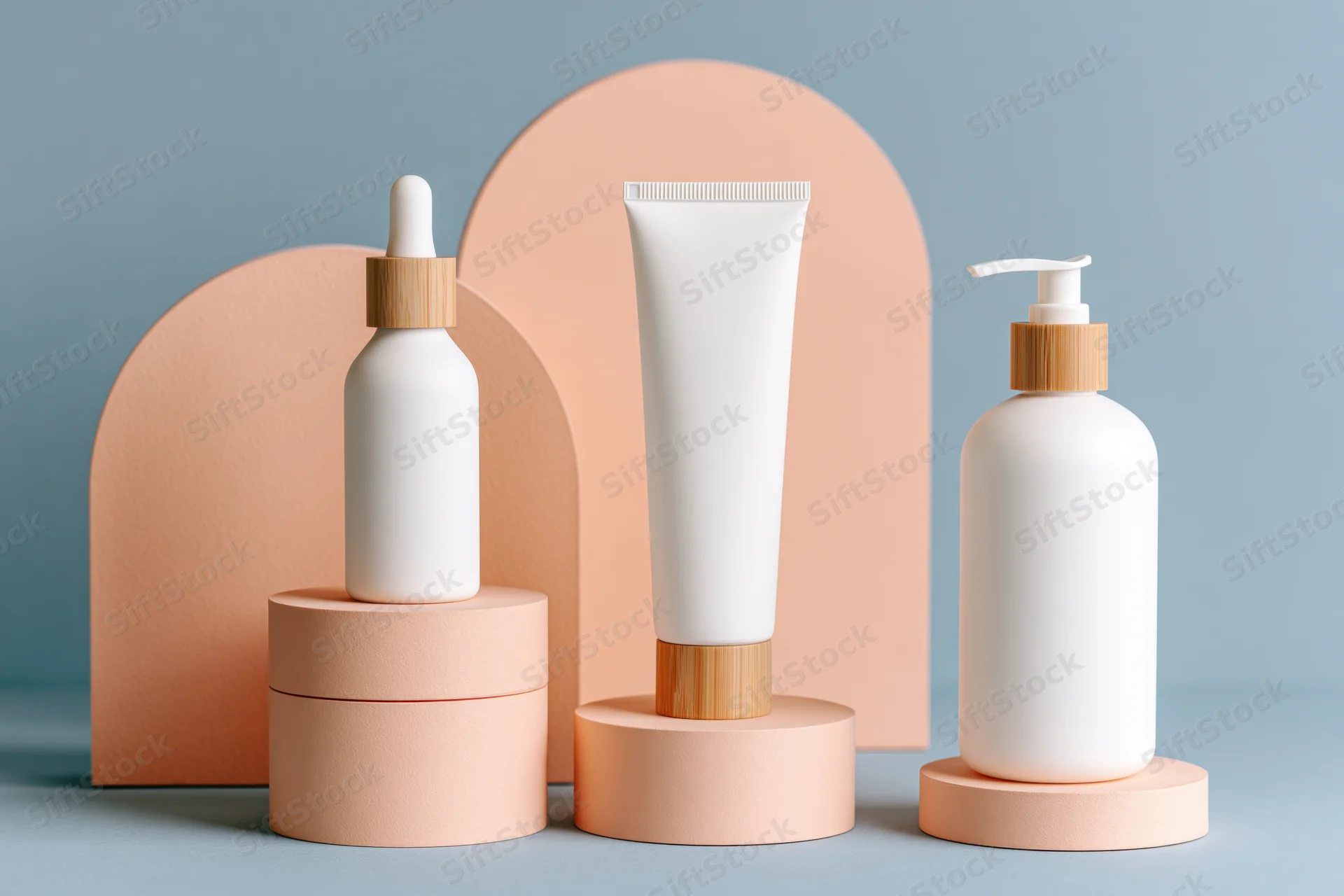 Three white minimalist skincare containers on peach stands against blue background