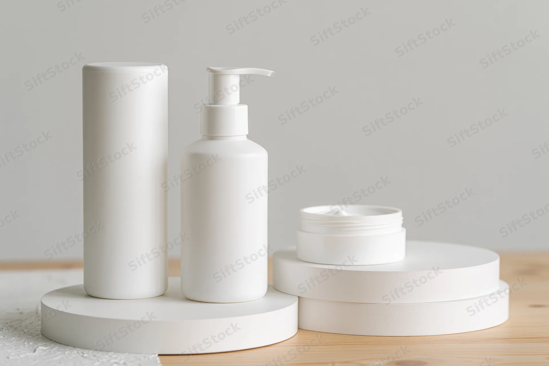 Three white skincare containers on circular stands on wooden surface