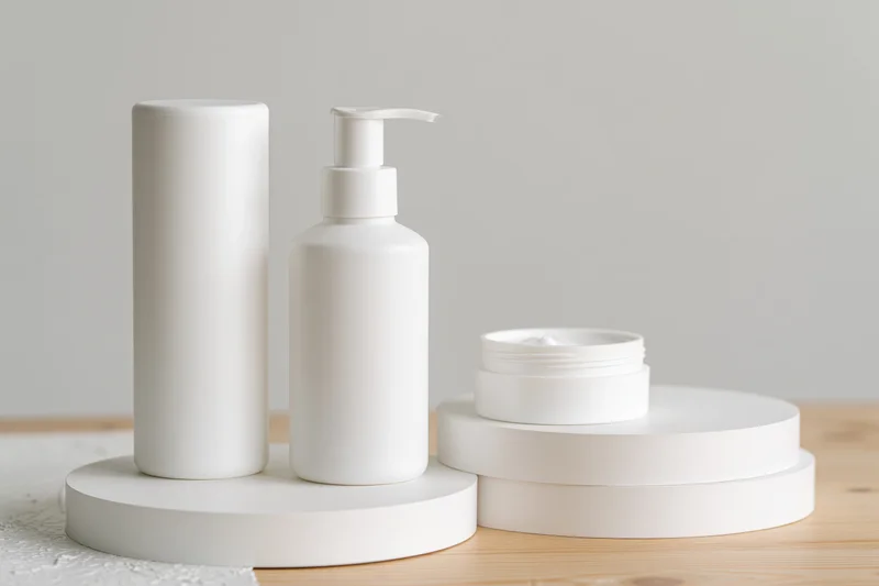 Three white skincare containers on circular stands on wooden surface