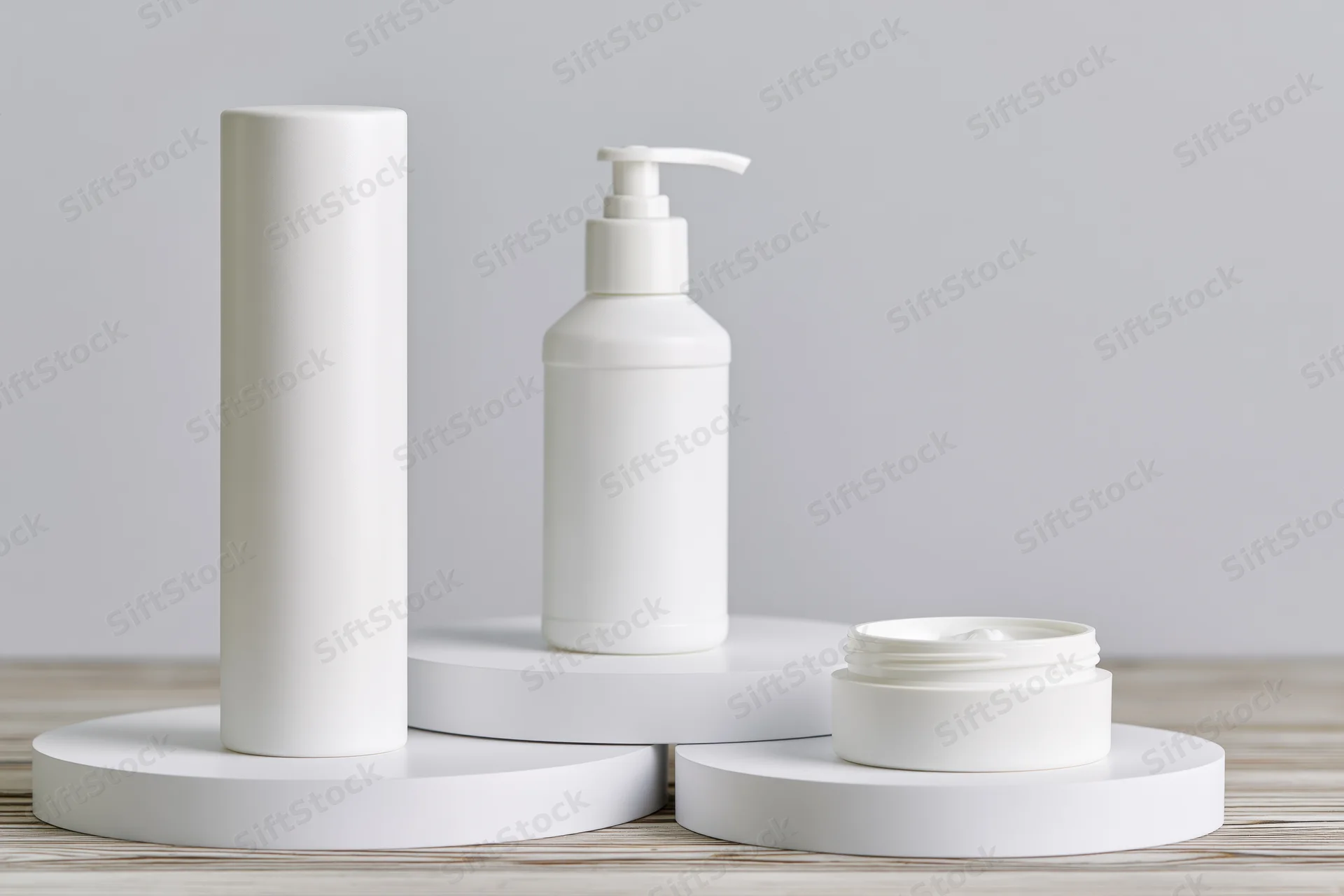 Three white skincare containers on white stands on wooden surface