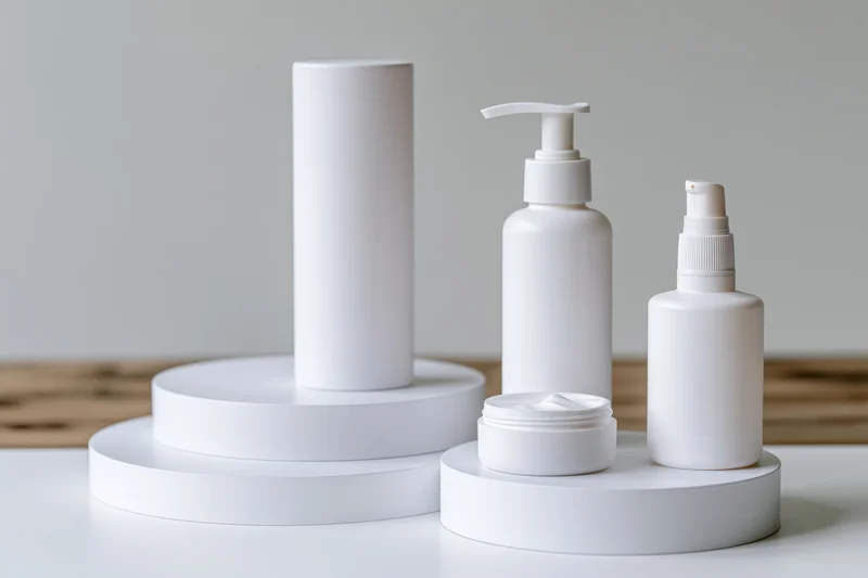 White skincare containers arranged on tiered stands in a studio setting