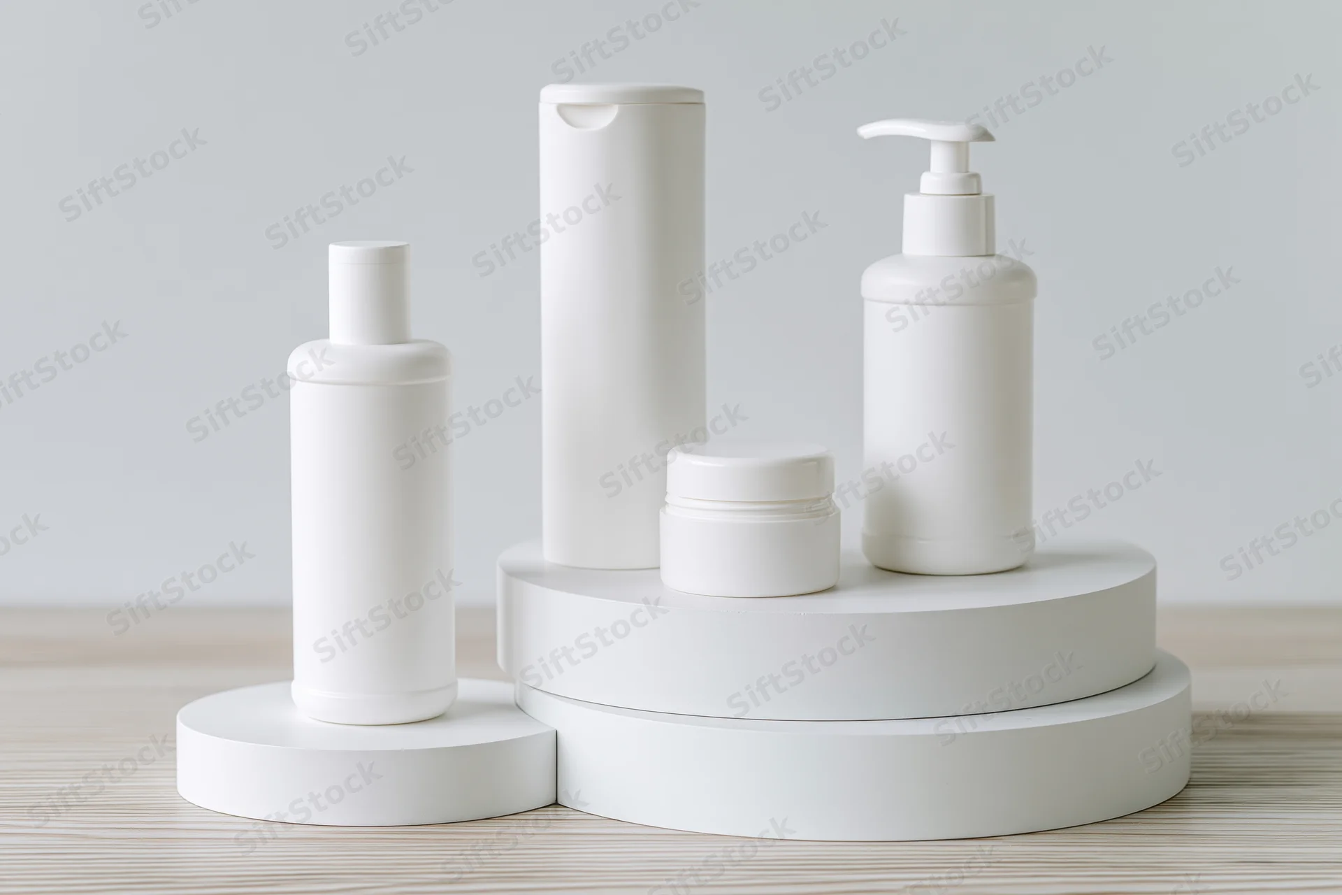White skincare product containers arranged on tiered stands on wooden surface
