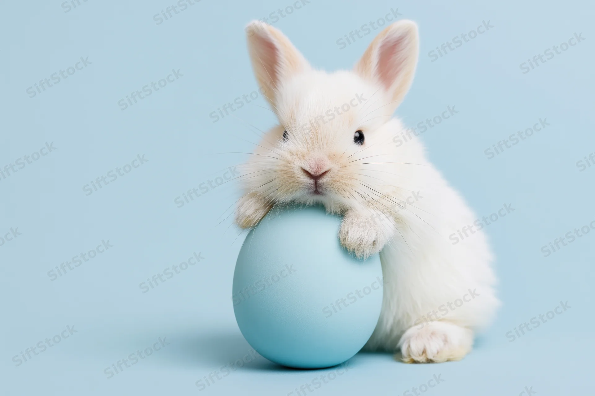 White fluffy baby rabbit resting paws on blue egg against light blue background