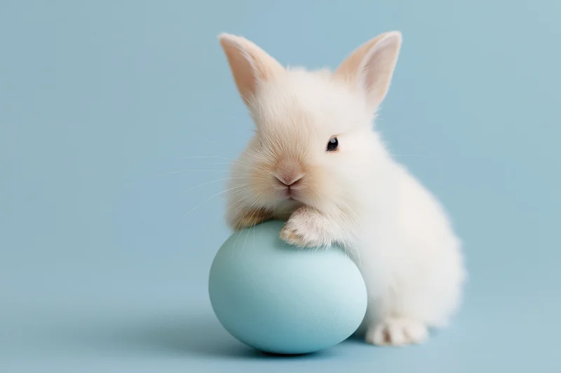 White fluffy baby rabbit resting paws on blue easter egg against light blue background