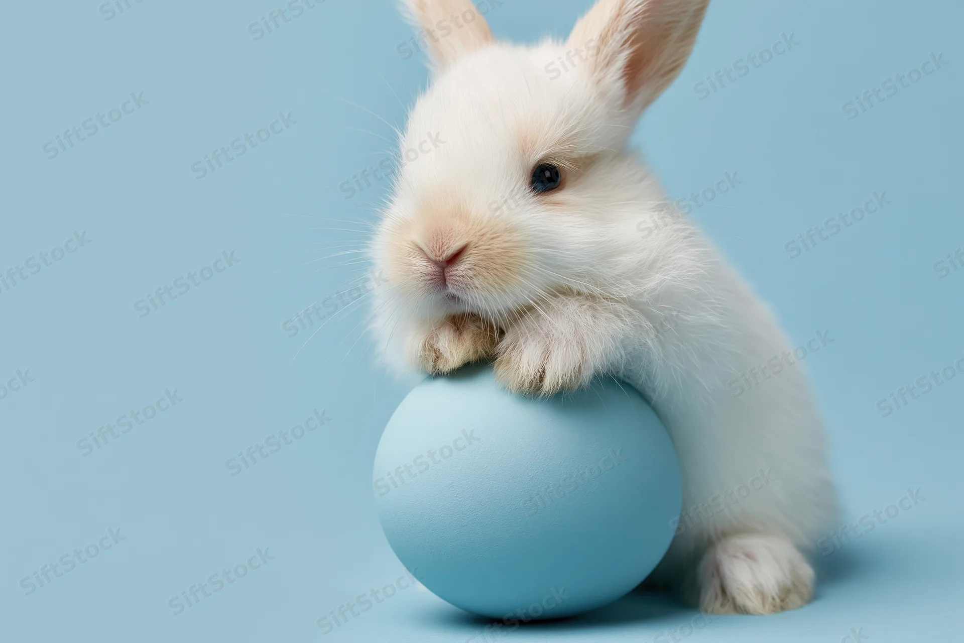 Baby white fluffy rabbit resting paws on blue egg against light blue background