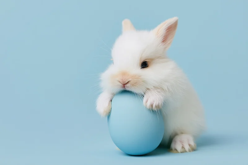 Baby white fluffy rabbit resting paws on blue easter egg against light blue background