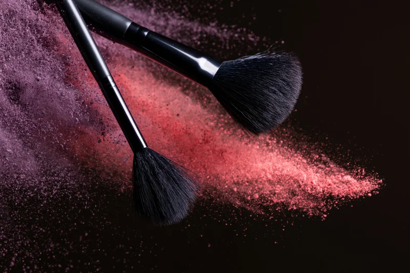 Two black makeup brushes mid-swipe releasing red and purple powder against dark background