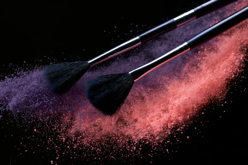 Two black makeup brushes mid-swipe releasing colorful powder against dark background