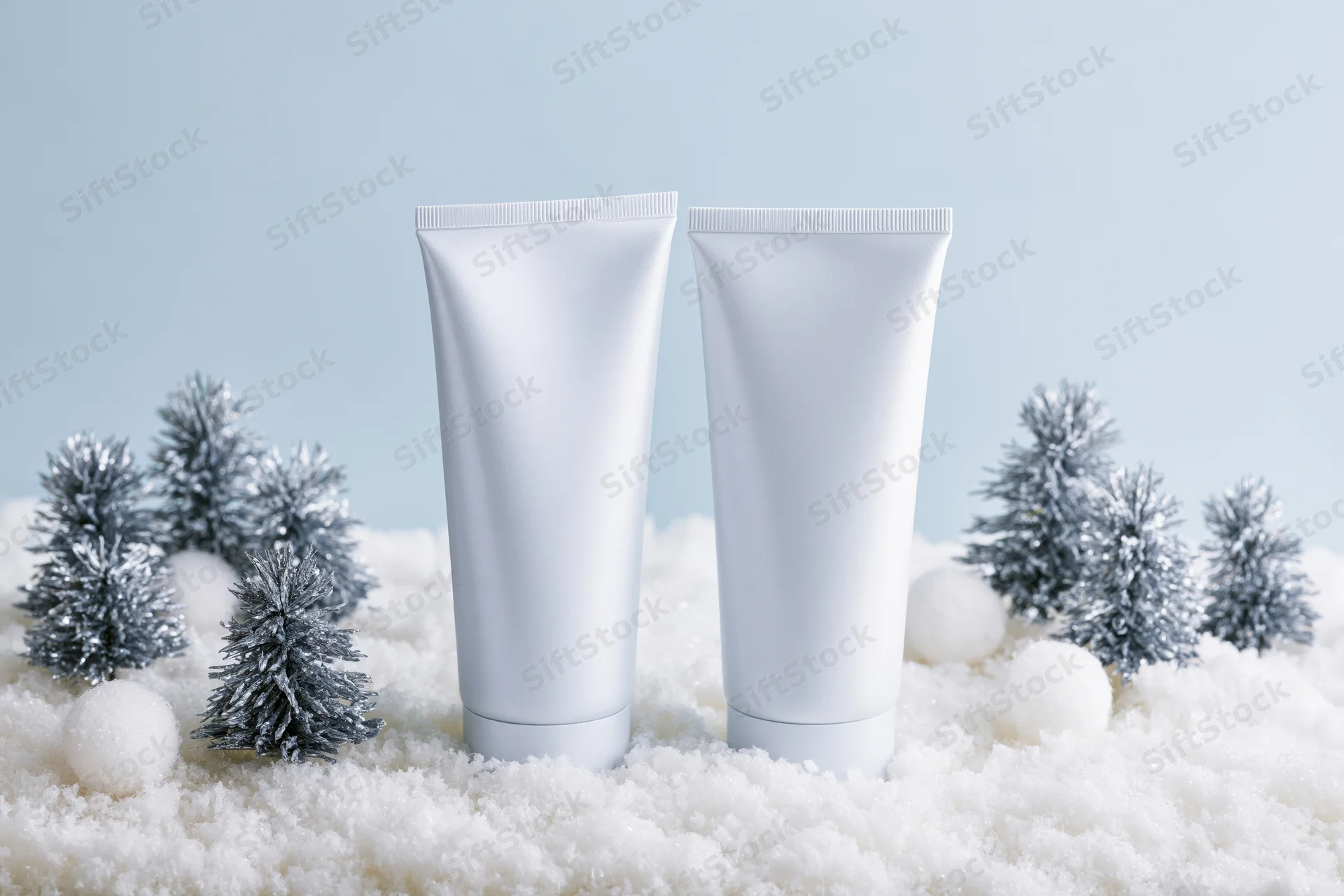 Two blank white cosmetic tubes standing on artificial snow with miniature silver trees and white pom poms around them