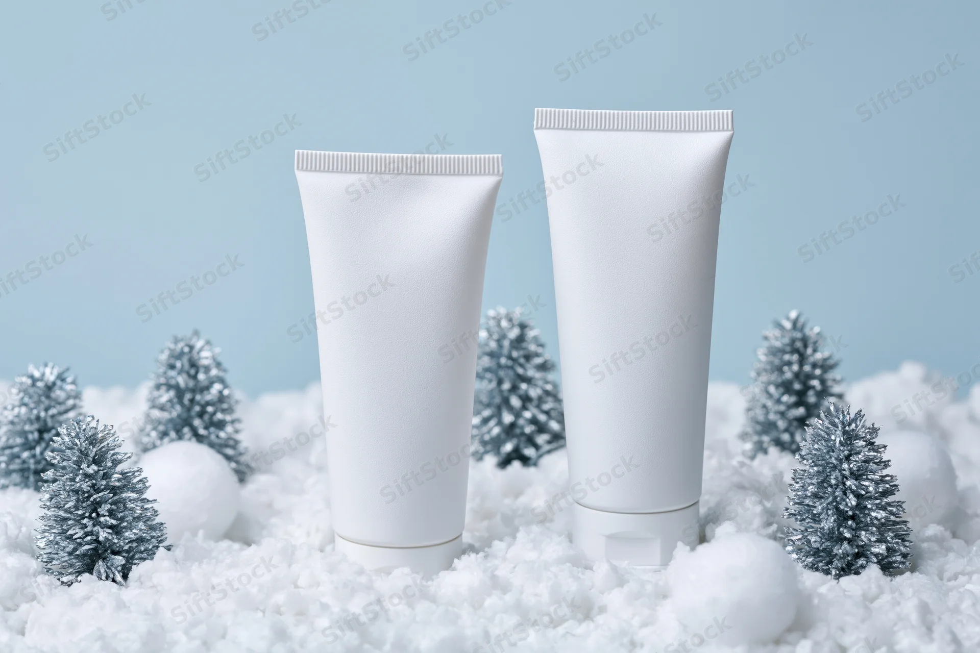 Two blank white cosmetic tubes standing in artificial snow with miniature silver trees around them