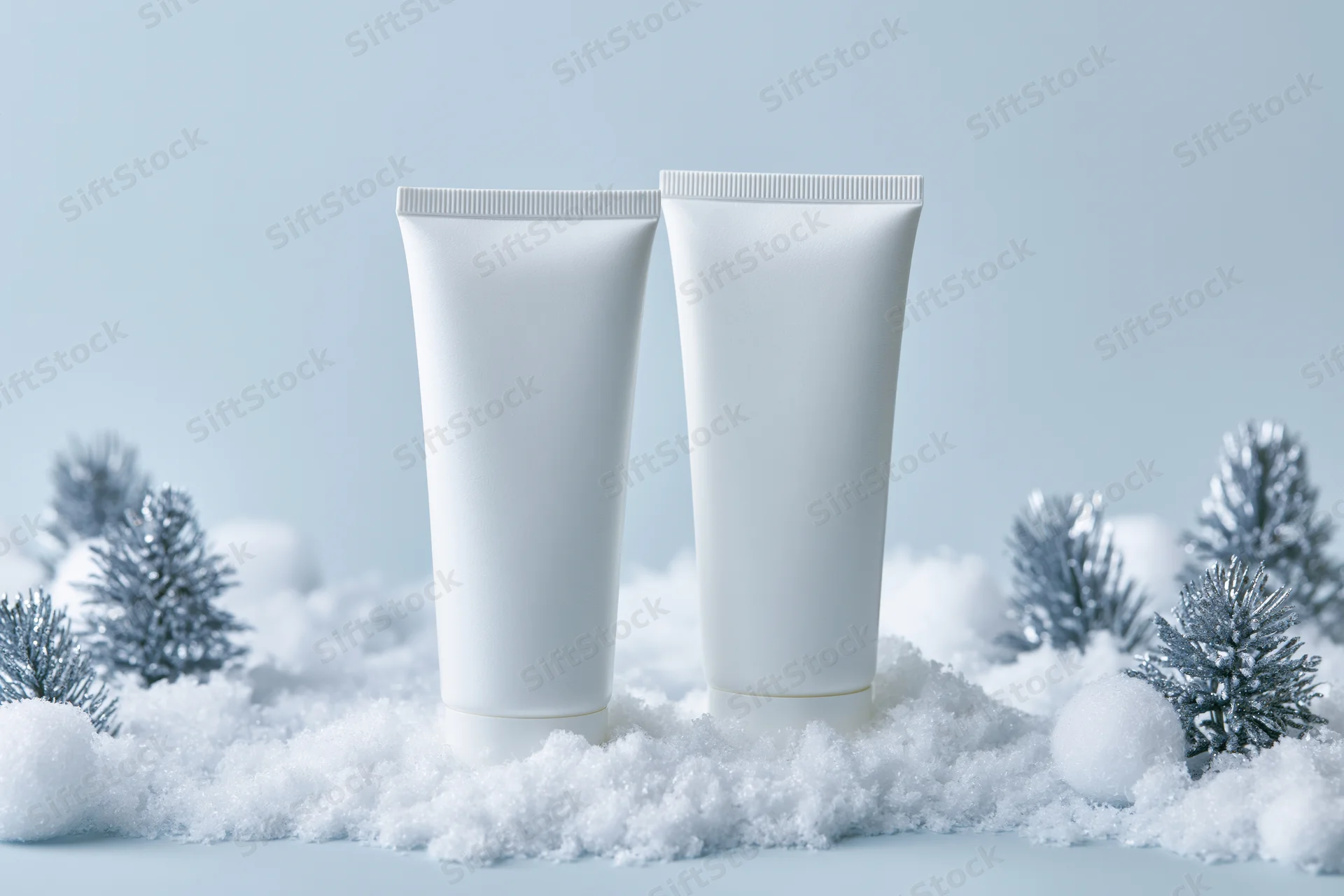 Two blank white cosmetic tubes standing on snow with miniature trees around