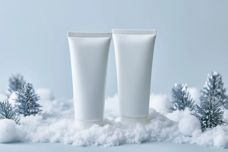 Two blank white cosmetic tubes standing on snow with miniature trees around