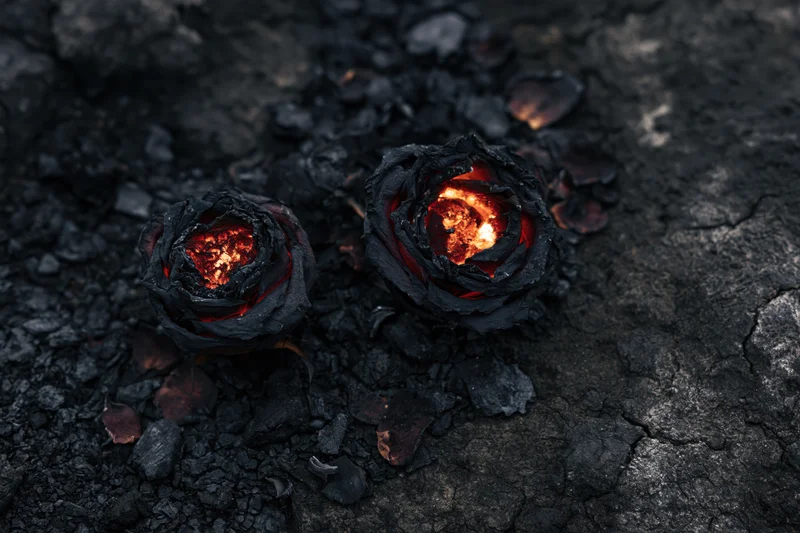 Two charred roses smoldering on dark ash-covered ground
