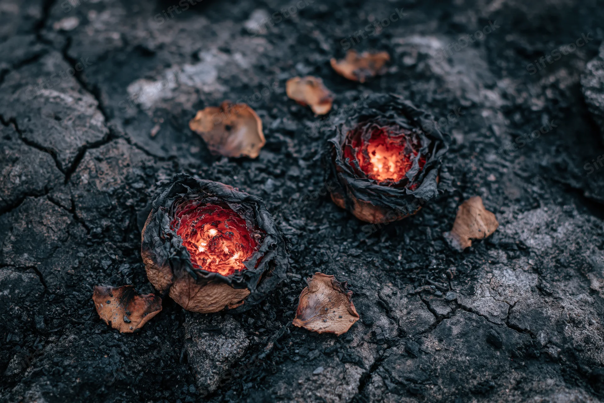 Two charred roses smoldering on dark ash-covered ground with scattered petals
