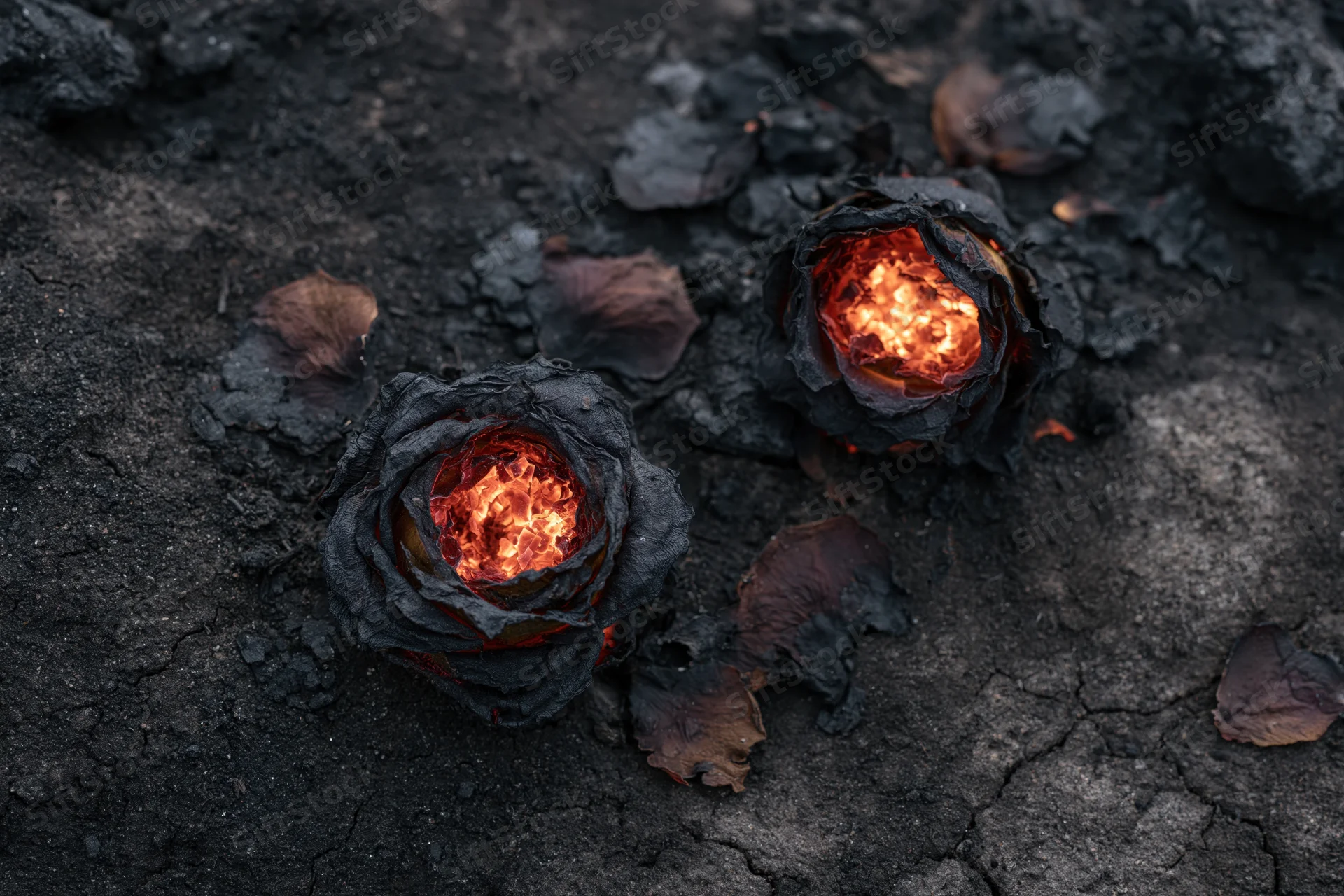 Two charred roses smoldering on dark ash-covered ground with glowing embers inside petals