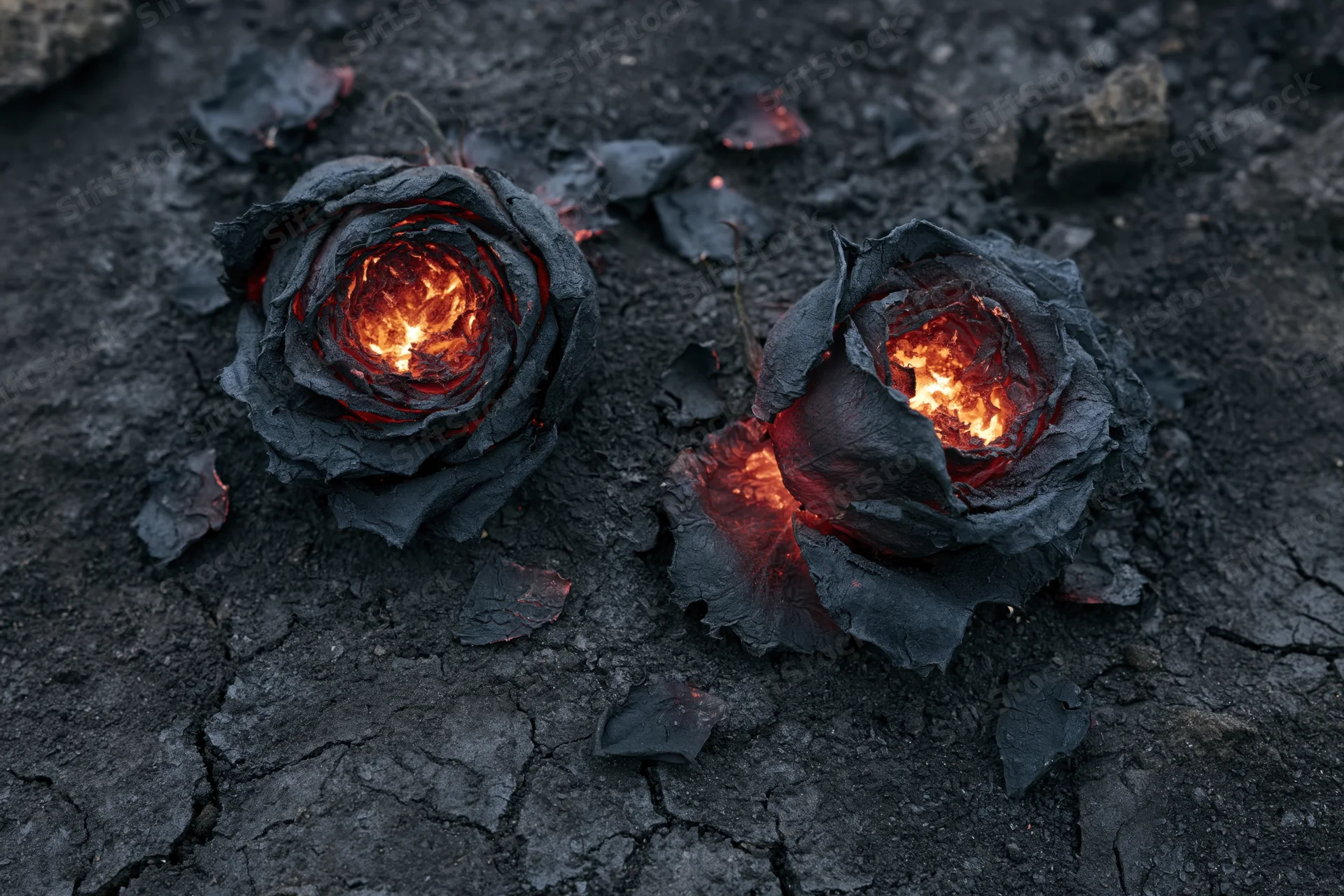 Two charred roses smoldering on dark ash-covered ground