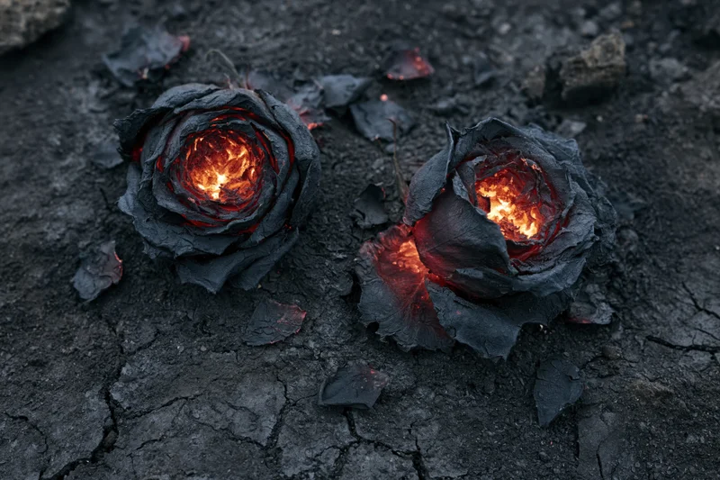 Two charred roses smoldering on dark ash-covered ground