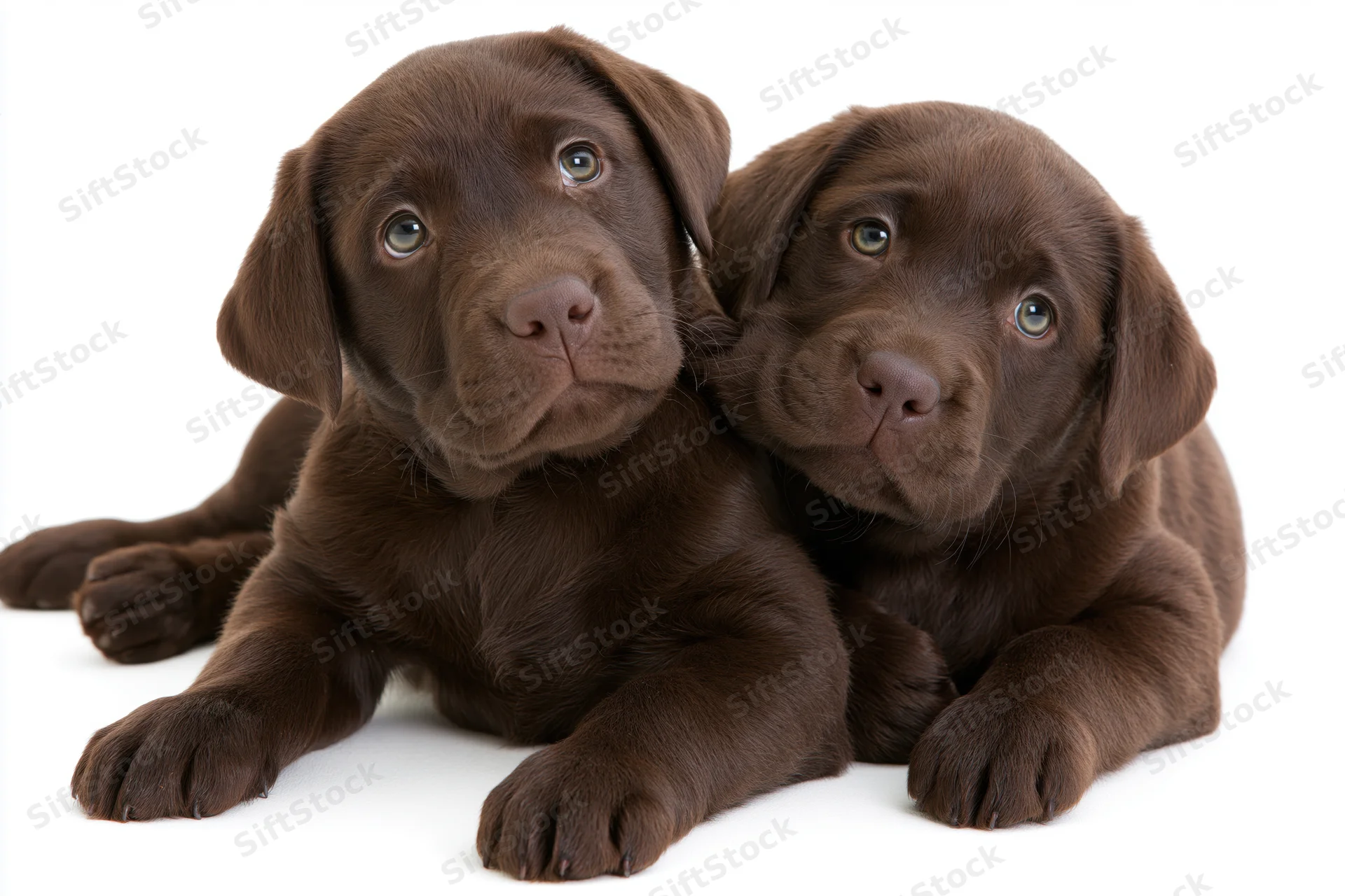 Two chocolate labrador puppies lying together on white background