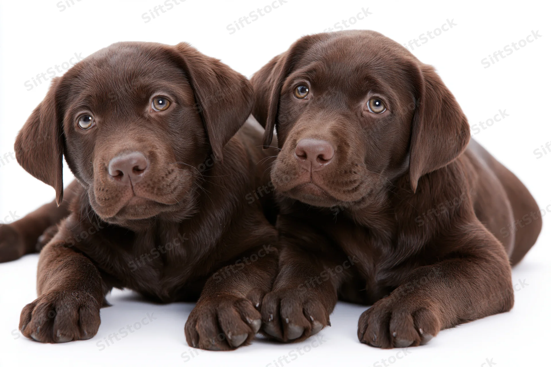 Two chocolate labrador puppies lying together on white background