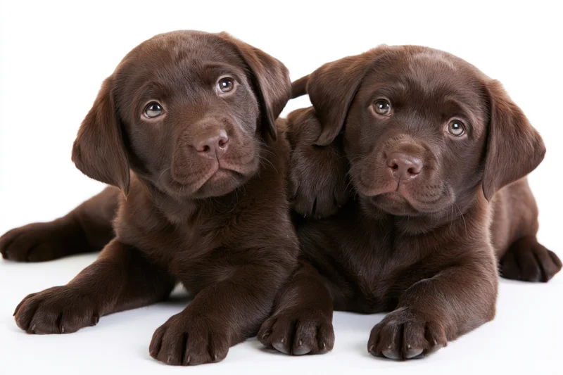 Two chocolate labrador puppies lying together on white background