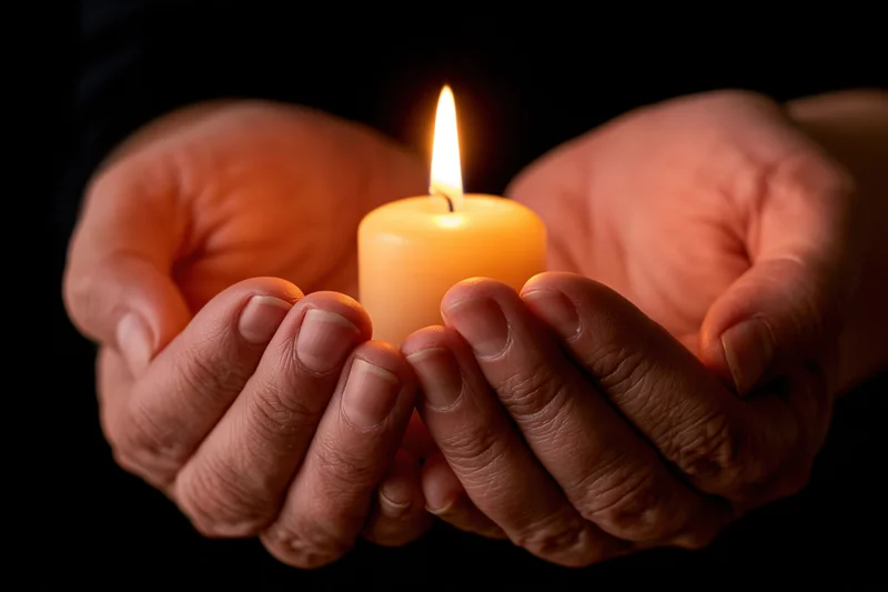 Cupped hands holding a lit candle in the dark