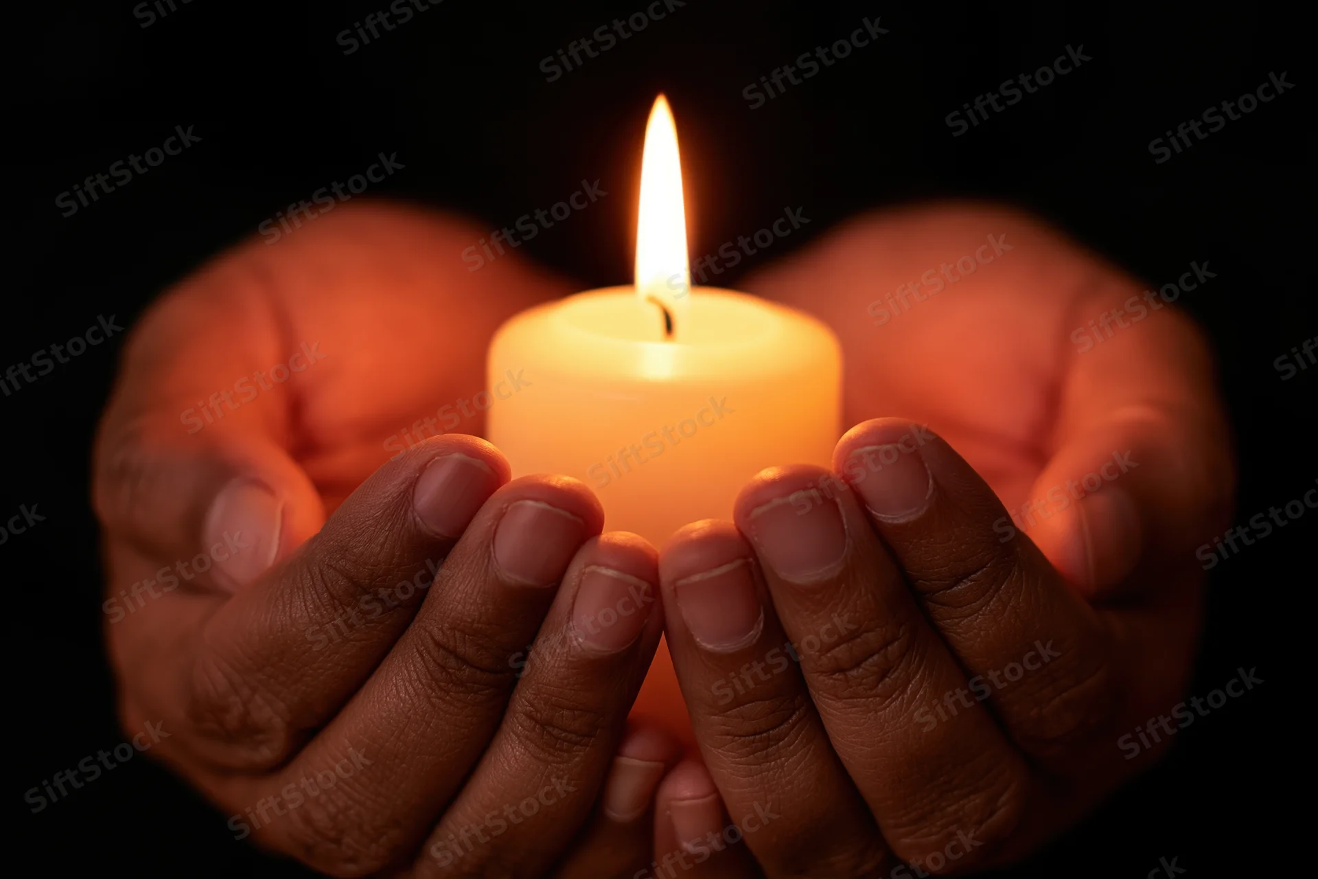 Cupped hands holding a lit candle in darkness