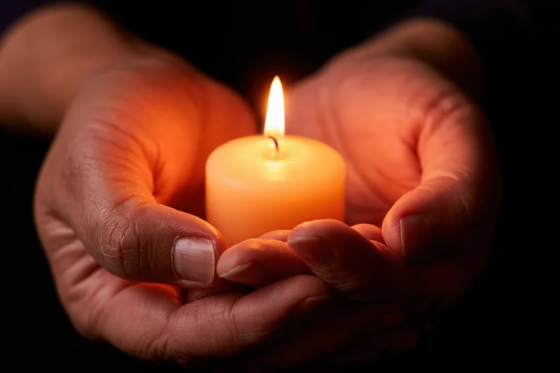 Cupped hands holding a lit candle in the dark