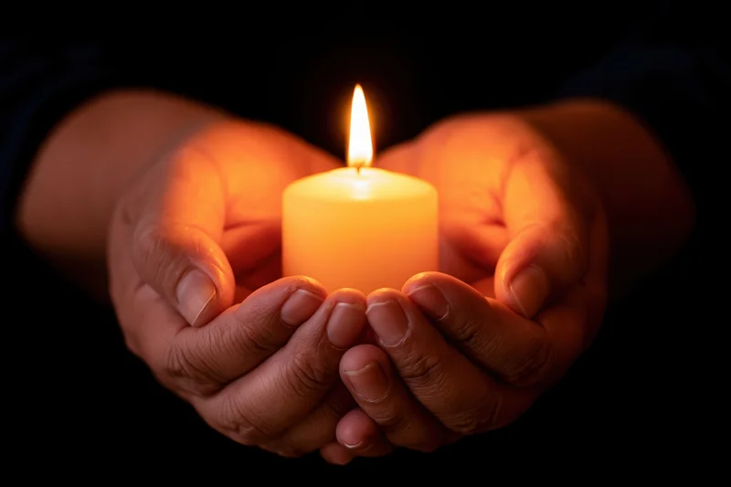 Cupped hands holding a lit candle in darkness
