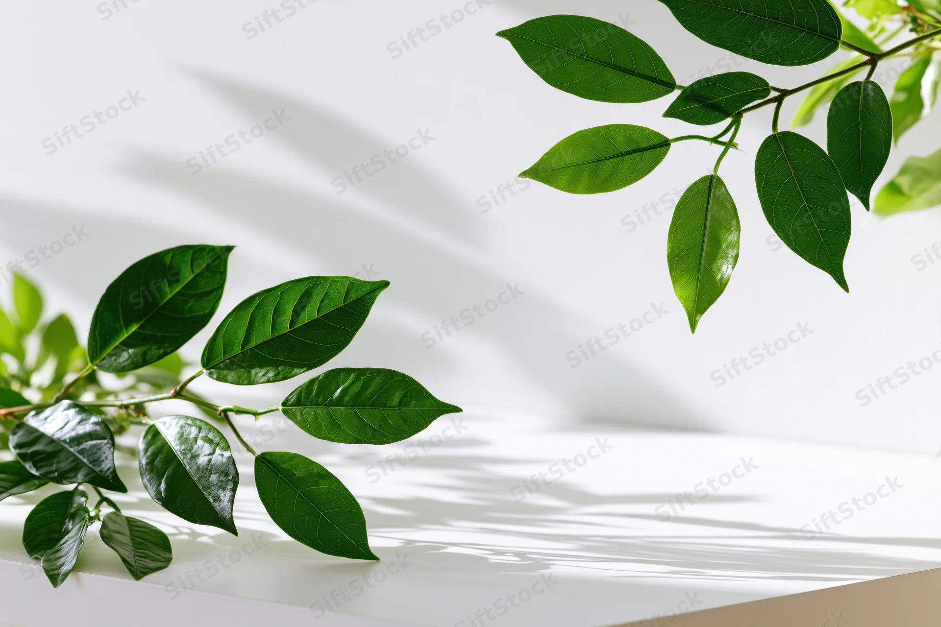 Green leafy branches arranged on white surface in studio setting with shadows and copyspace