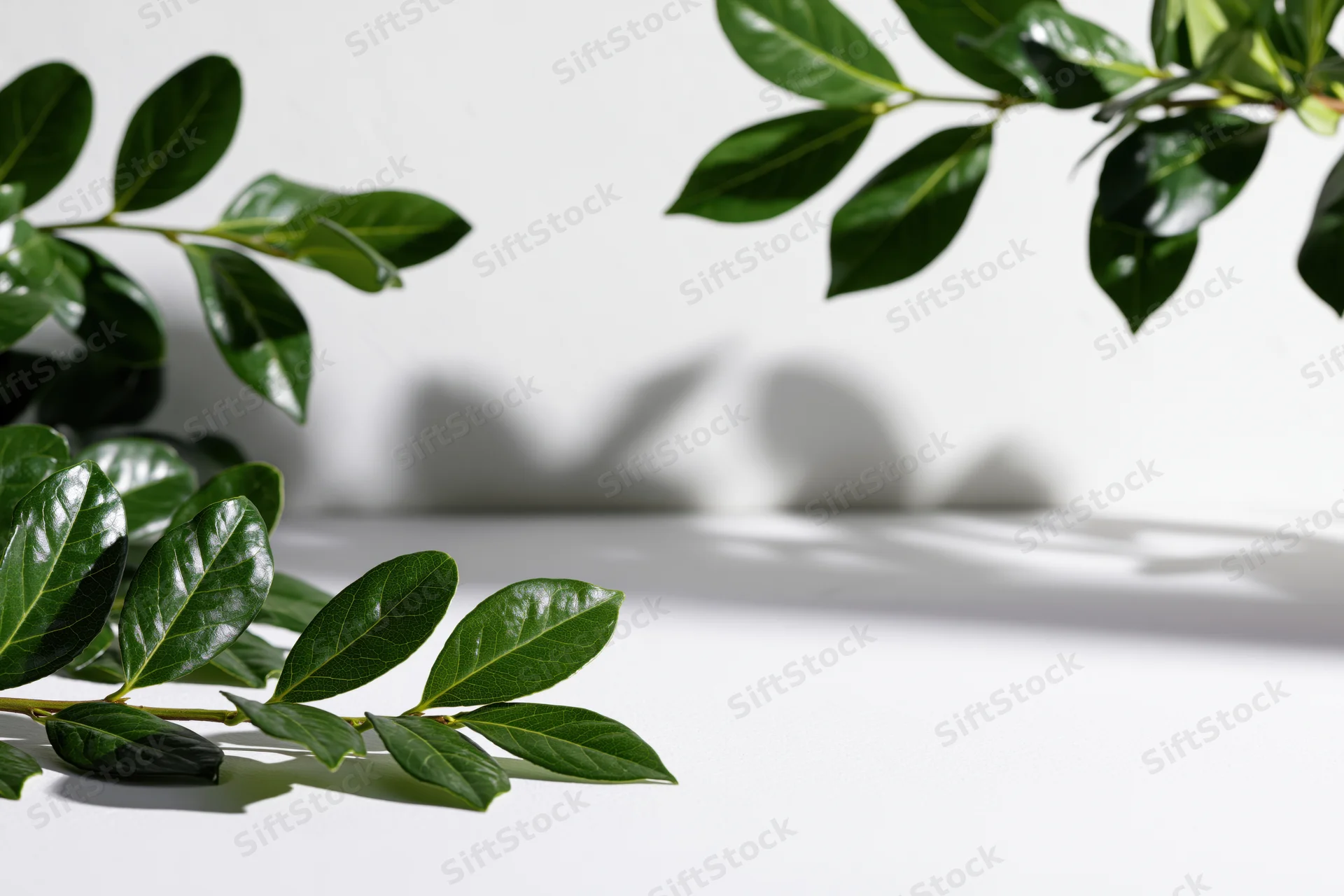 Green leafy branches framing empty white studio background
