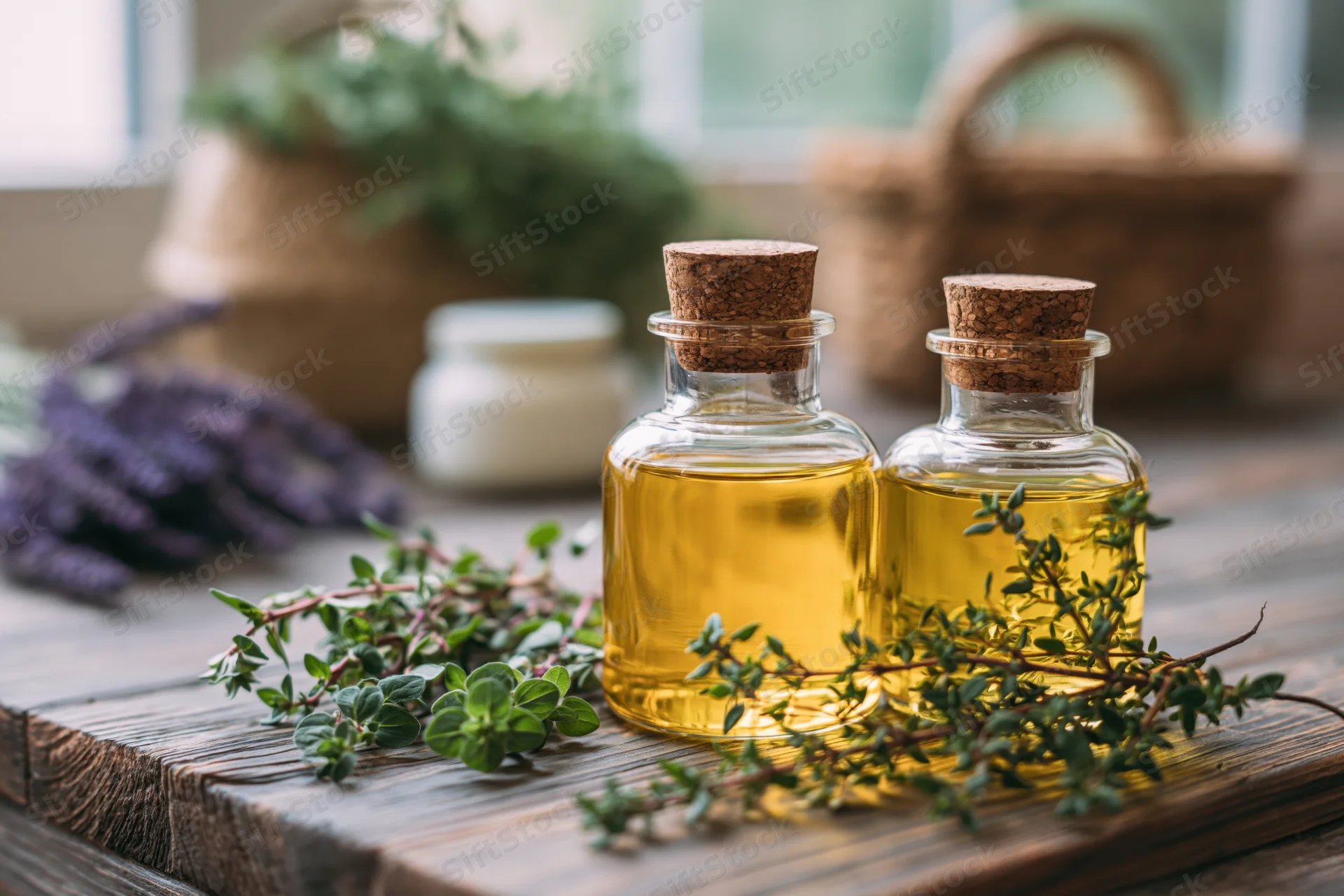 Two glass bottles with cork stoppers filled with golden-yellow oil on a wooden table surrounded by fresh herbs and lavender