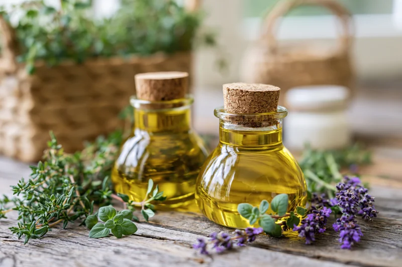 Two glass bottles with cork stoppers filled with golden-yellow essential oil on a wooden table surrounded by lavender and thyme herbs