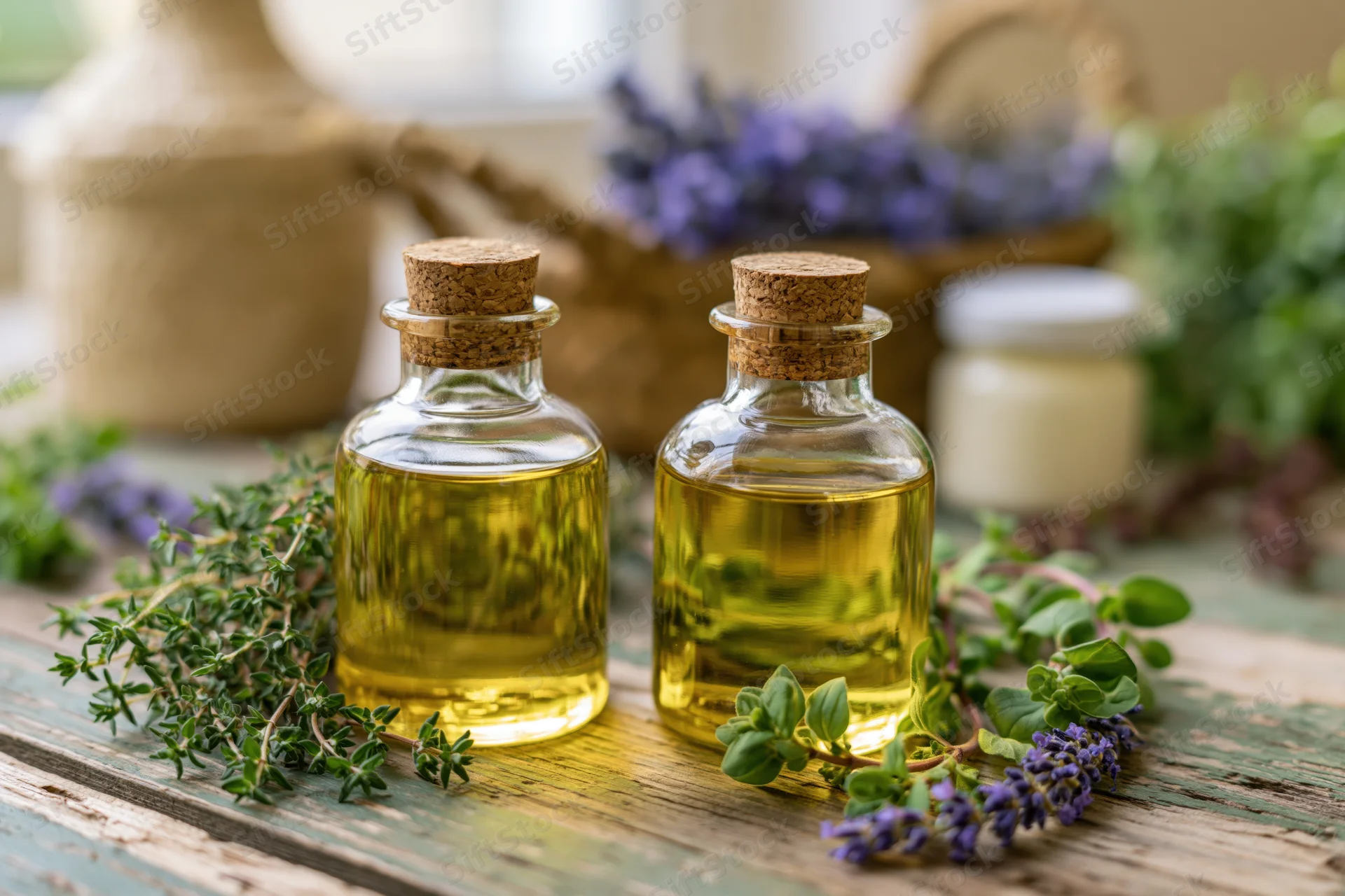 Two glass bottles with cork stoppers filled with golden-yellow essential oil surrounded by fresh herbs and lavender on a rustic wooden table
